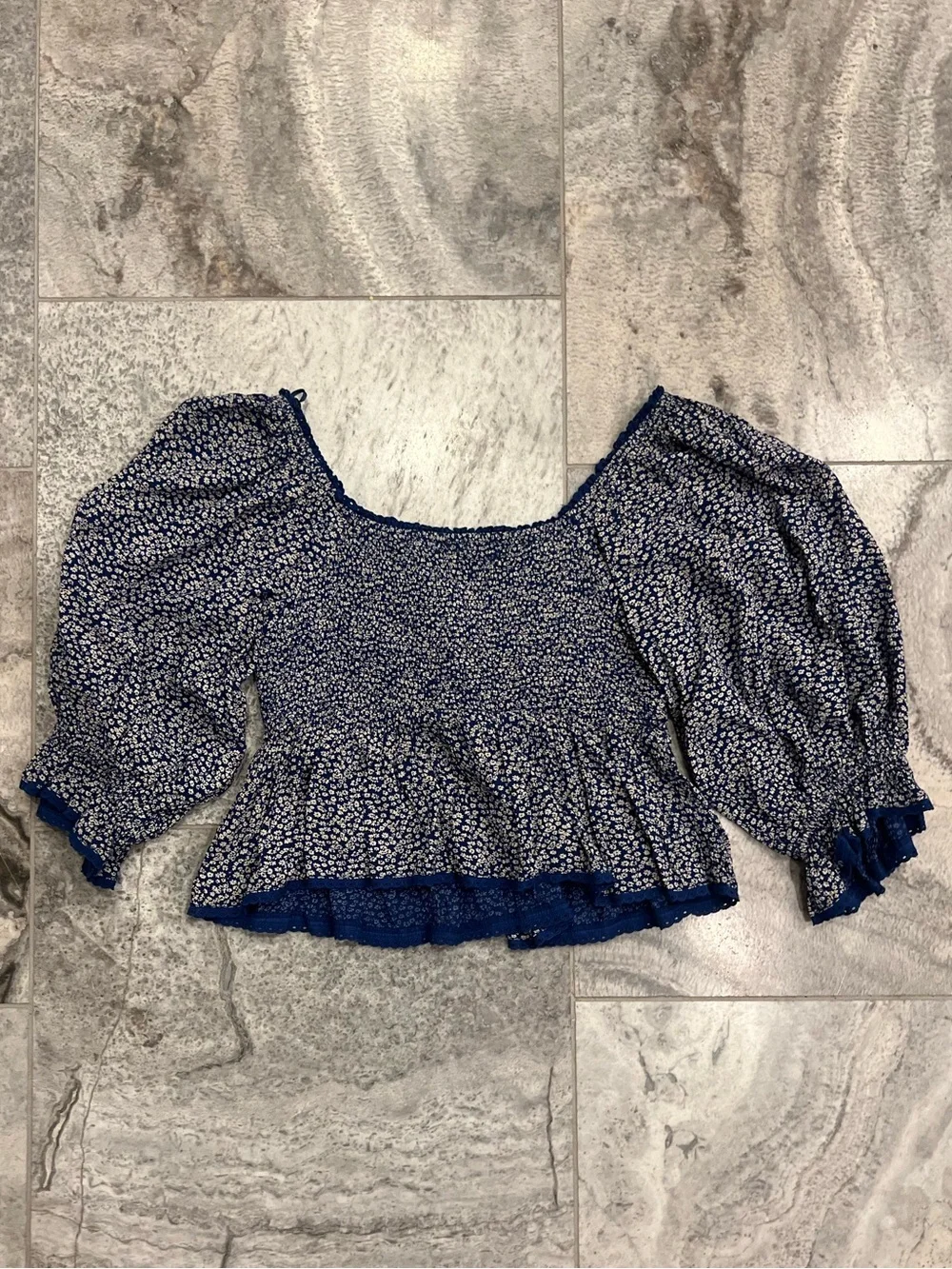 Free People Navy Blue Floral Puff Sleeve Crop Top